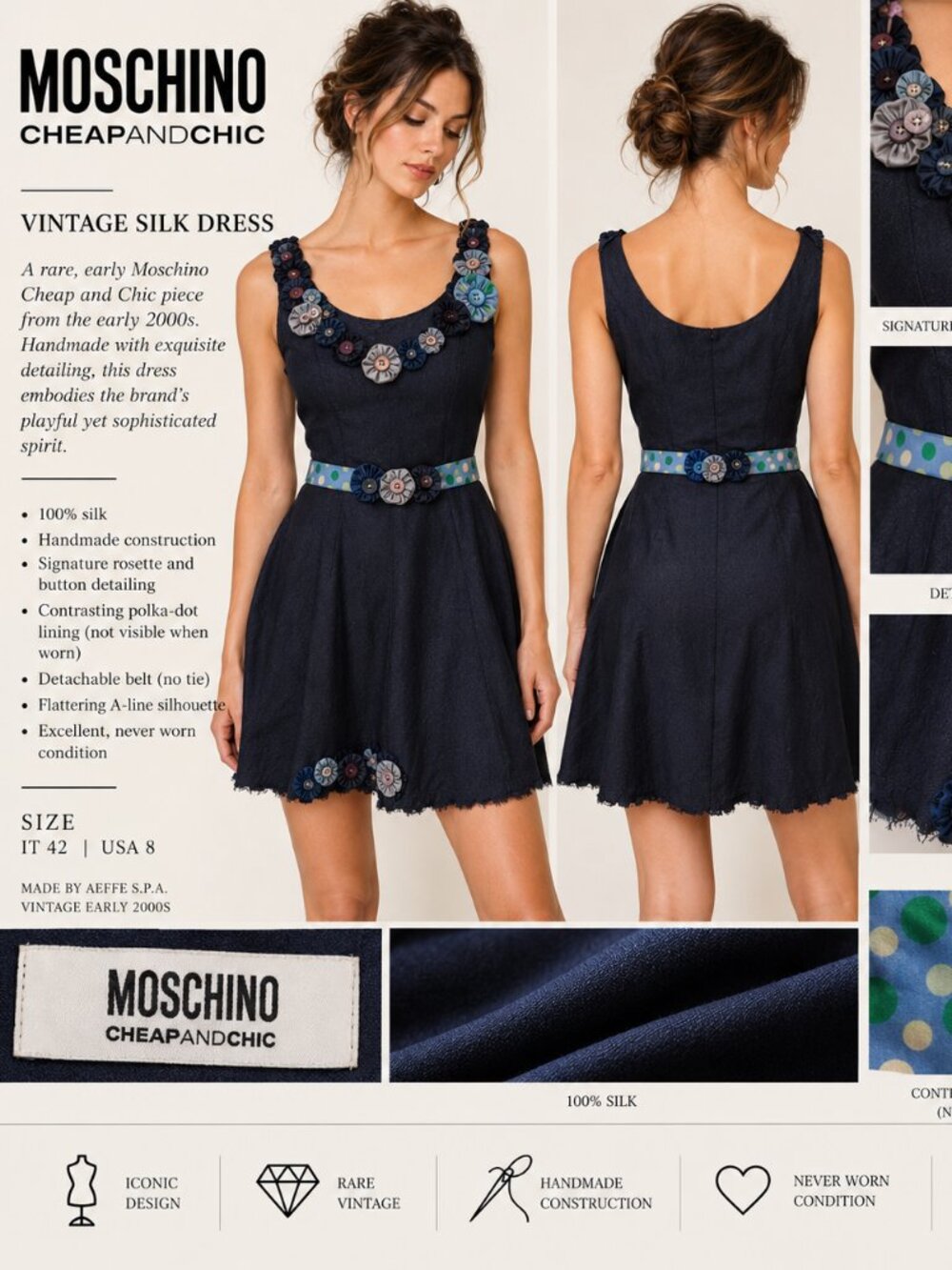Rare Vintage Moschino Cheap and Chic 100% Silk Rosette Dress IT 42 USA 8